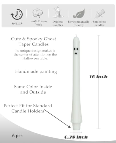 Halloween Ghost Taper Candles Bulk 10 Inch White Spooky Decorations - 6 Pack