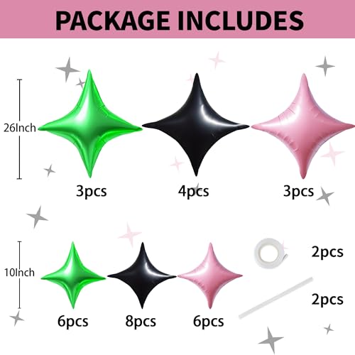 30Pcs Four Point Star Foil Balloons - Light Pink Green Black Party Decorations