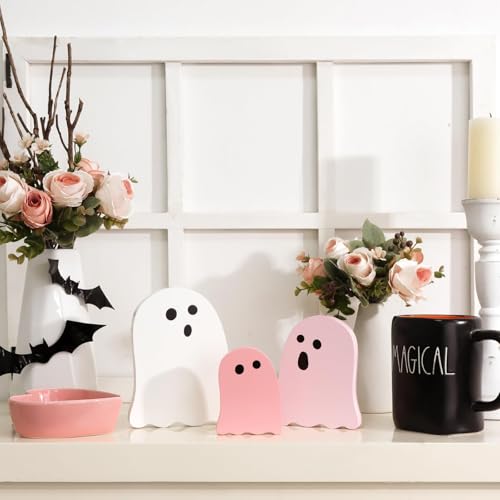 Halloween Ghost Wooden Sign Decorations - Pink & White Tiered Tray Decor
