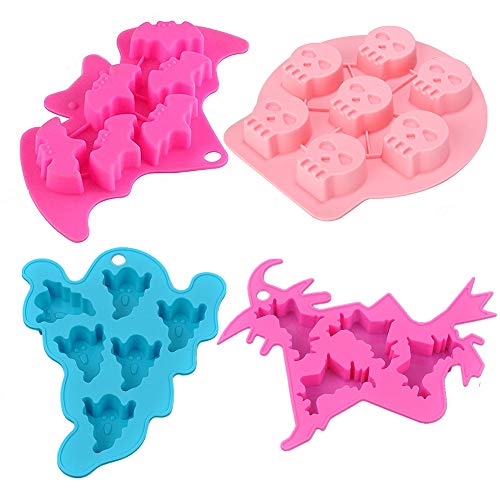 Halloween Silicone Molds 4-Pack Bat Skull Ghost Witch for Candy Cake Baking