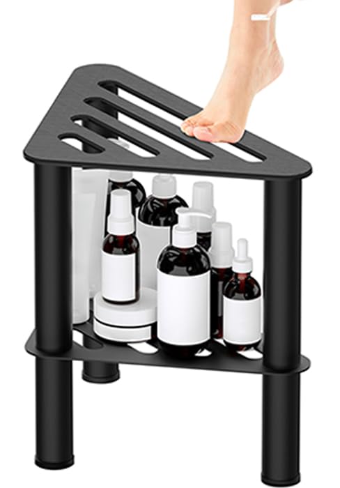 WINSTECK Upgraded Rust-Proof Metal Corner Shower Foot Stool for Shaving Legs, Shower Foot Rest Bench for Inside Shower with Storage Shelf, Small Step Stools, Non-Slip Bath Stool (Black)