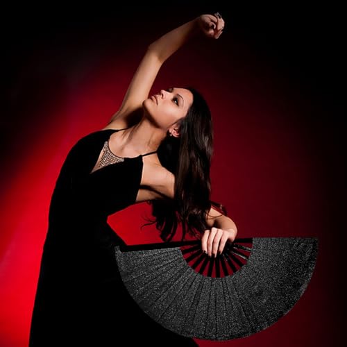 Large Folding Glitter Rave Fan with Leg Strap & Fabric Case - Black