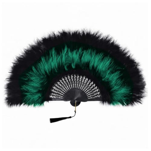 1920s Marabou Feather Folding Hand Fan - Black Green Vintage Flapper Accessory