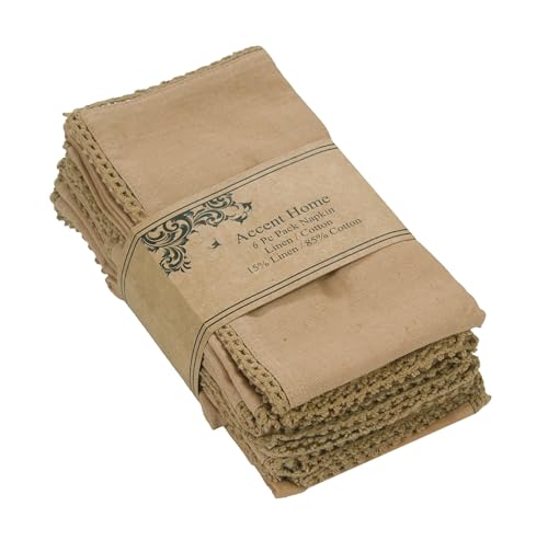 18x18 Inch Brown Lace Cloth Napkins Set of 6 - Cotton Linen Blend, Elegant Tableware