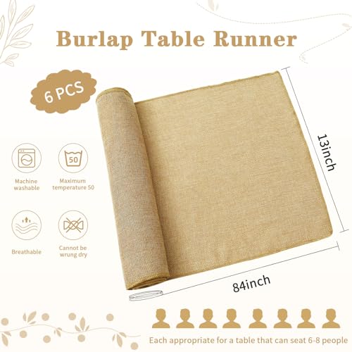 Khaki Burlap Table Runners 13x84 Inch 6-Pack Rustic Jute Linens for Weddings