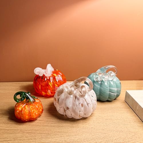 Orange Hand-Blown Glass Pumpkin Decor - 3.5 Inch Autumn Halloween Tabletop Figurine