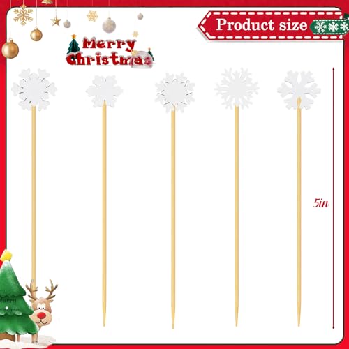 Christmas Snowflake Cocktail Picks - White Bamboo Toothpicks for Food & Drinks