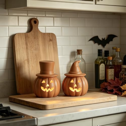 Halloween Pumpkin Lights Set - Rustic Terracotta Decorative Lanterns for Fall & Halloween