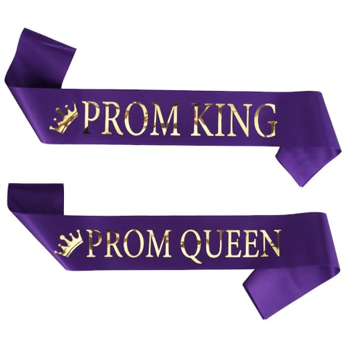 Purple Base Gold Words Prom Queen King Sash Decoration - 2 Pack