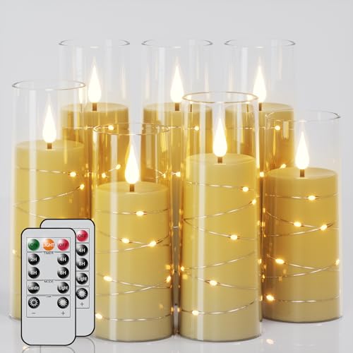 Clear Flickering Flameless Candles with Remote - 7 Pack LED Battery Operated with Timer & String Lights - Halloween & Christmas Decor