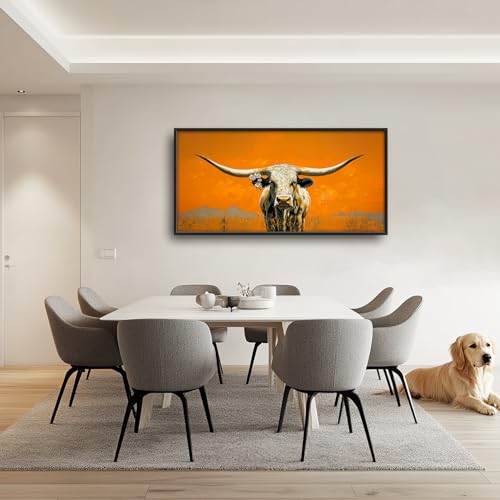 Western Longhorn Steer Wall Art - Framed Canvas Painting for Living Room & Bedroom - 60L x 30W