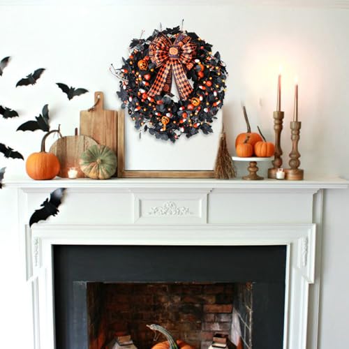 Halloween Wreath with Black Eucalyptus & Pumpkins - 22 Inch Decor with Bow - Indoor Outdoor Holiday Celebration - Variation of Halloween Wreath
