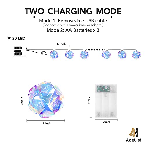 Lotus Ball-20 LED Globe Disco Ball Mirror String Lights - 10ft USB & Battery Powered Fairy Lights, Eid Ramadan & Party Decor