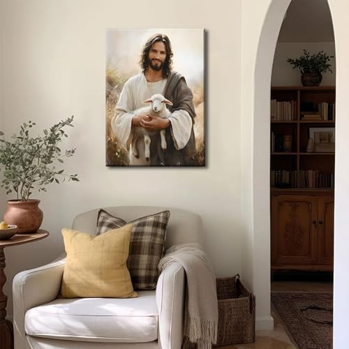 Jesus and Lamb Canvas Wall Art - Wrapped 36x24 Inch Christian Religious Decor