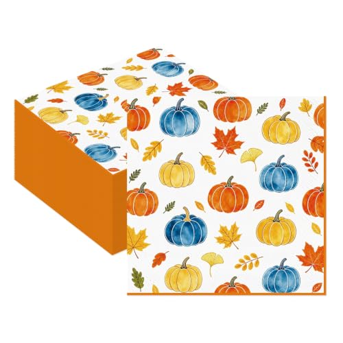 Fall Paper Napkins 13x13 Inches - Pumpkin Maple Leaf Party Set - 50 Pcs