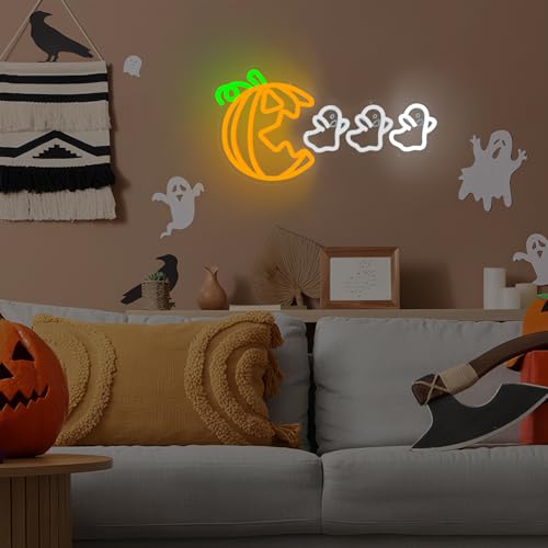 Halloween Pumpkin Neon Sign with Ghost Design - Spooky LED Wall Light for Party & Home Decor
