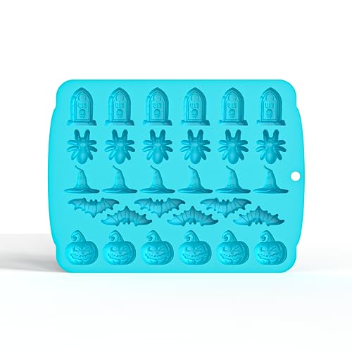 Halloween Silicone Chocolate & Candy Molds Set - Pumpkin Spider Bat Witch Hat Gravestone, 30 Cavities