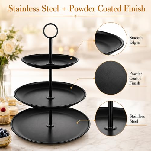 Black 3 Tier Cupcake Stand - Stainless Steel Dessert Display for Wedding & Party