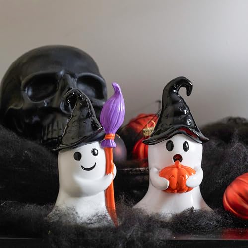 Halloween Ghost Figurines Set of 2 - Indoor Table Decor, White Black Orange Variations