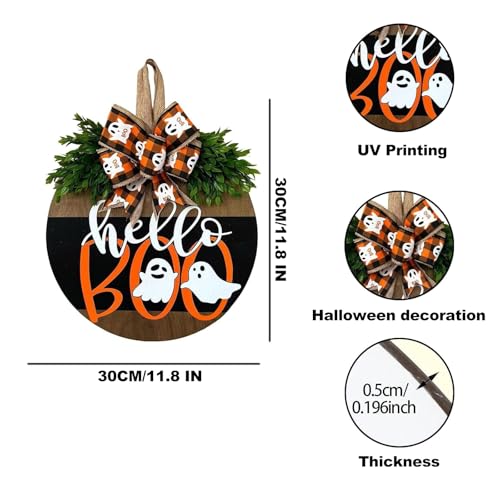 Halloween Wreaths for Front Door Cute Ghost Sign Decoration - Hello Boo Variation