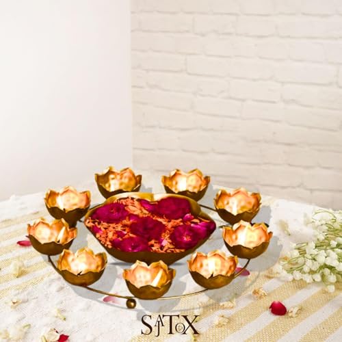 Handcrafted Golden Metal Diya Holder with Central Bowl - 9 Wick Festival Decor