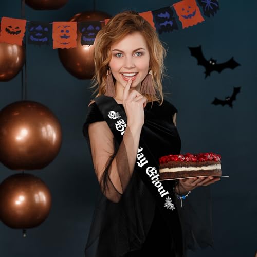 Black Birthday Ghoul Sash with White Glitter Letters - Halloween Party Decor