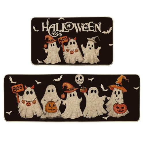Halloween Ghost Bat Kitchen Mats Set of 2 - Black 17x29 & 17x47 Inches