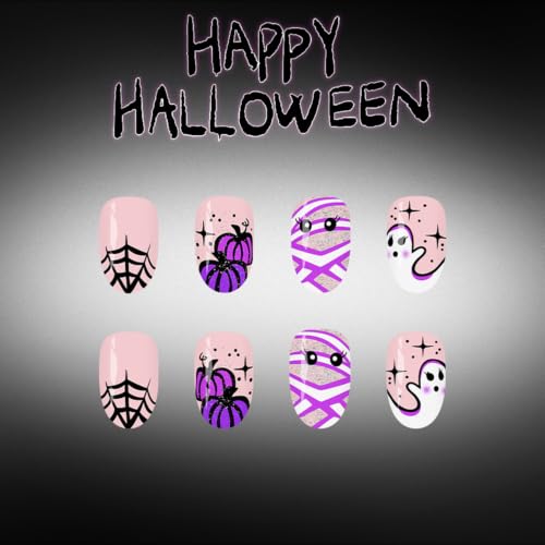 Halloween Short Almond Press-On Nails Set with Ghost Pumpkin Spider Web Mummy Design - HO09