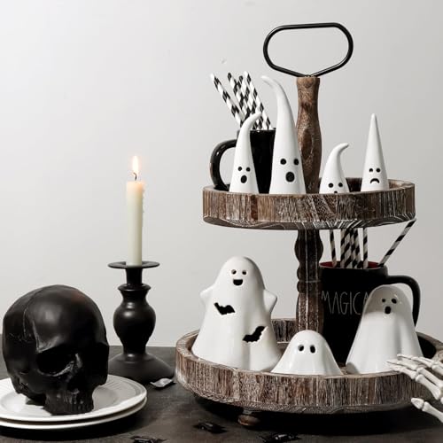 Halloween Ghost Figurines Set - Ceramic Rustic Indoor Decor, 4 Pieces