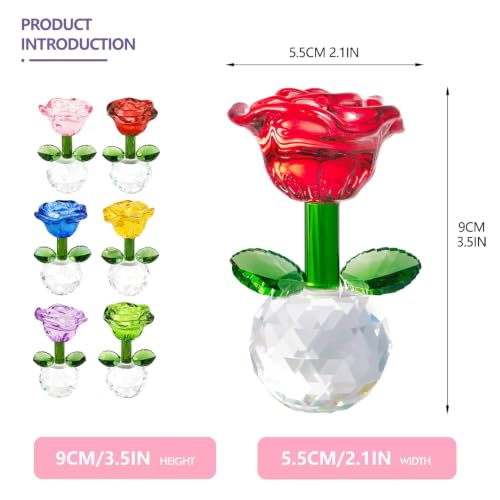 Glass Flower Figurines Set - Colorful Crystal Roses, 6 Pieces, Mix
