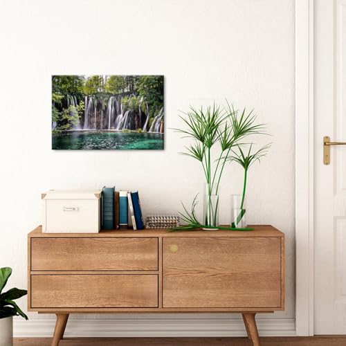Waterfall Canvas Wall Art - Green Forest Landscape, 16x24 Inches - Living Room Decor