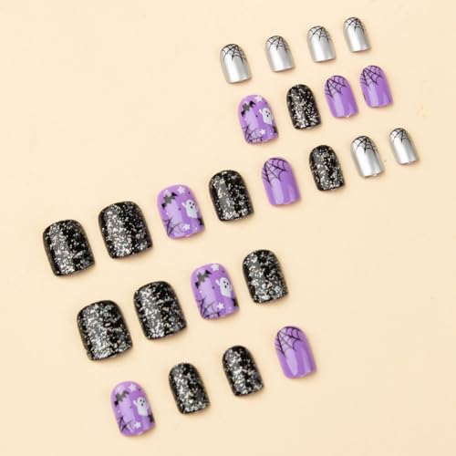 Halloween Short Press On Nails with Bat Ghost Spider Web Design - Purple 31