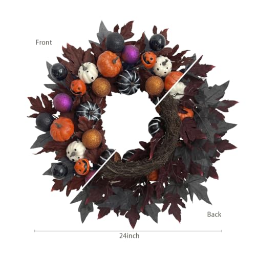 Halloween Ball Wreath for Front Door - 24 Inch Pumpkin Fall Door Decor - Black Variation
