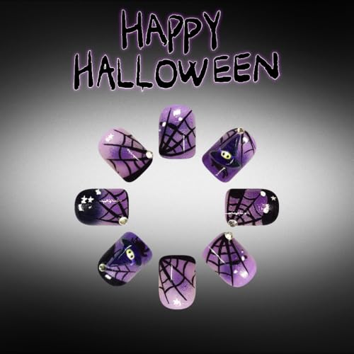 Press On Nails Short Square Fake Nails Halloween Nail Art Kit - Purple Glitter with Rhinestones & Web Design H04