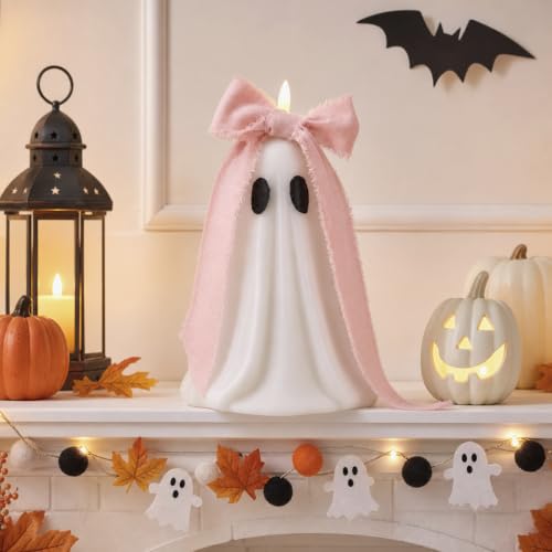 Large Ghost Flameless Candle with Timer - White Halloween LED Candle - 4.3 x 7.9 Inches