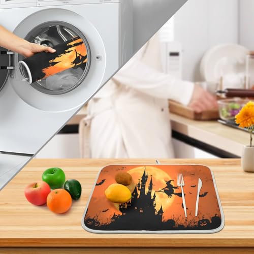 Halloween Witch Castle Dish Drying Mat - Microfiber Absorbent Kitchen Counter Pad 18x24 Inches Variation of THIS listing