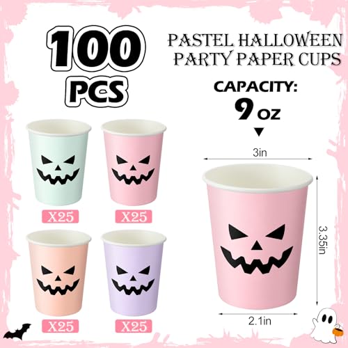 Pastel Halloween Paper Cups - Pumpkin Face Design, 100 Pack, 9oz, Girly Theme