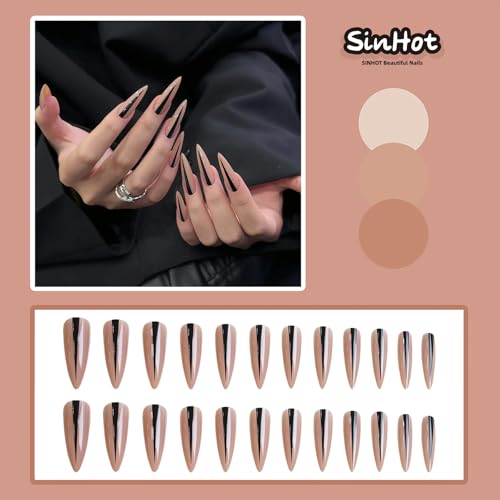 Long Black Stiletto Press-On Nails with Design - 24 Pack Variation of 72FN0005-04