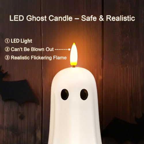 Halloween Ghost Flameless Candle with Timer - LED Flickering Flame, Real Wax, Remote Control, Ghost Light Variation