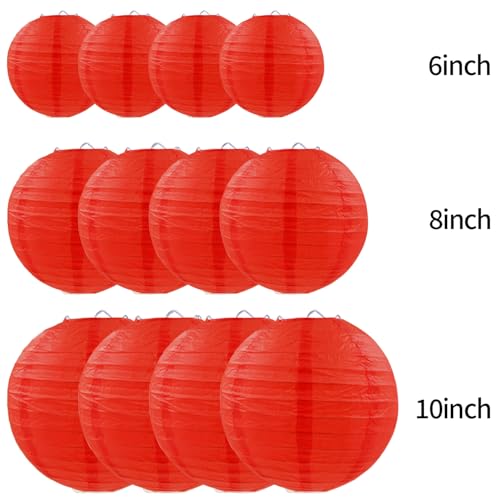 Red Paper Lanterns Set of 12 - Round Hanging Decorations for Weddings & Parties