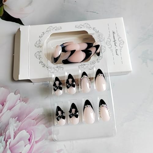 Press On Nails Short Almond Fake Nails with 3D Black Bow Rhinestones - Design J1