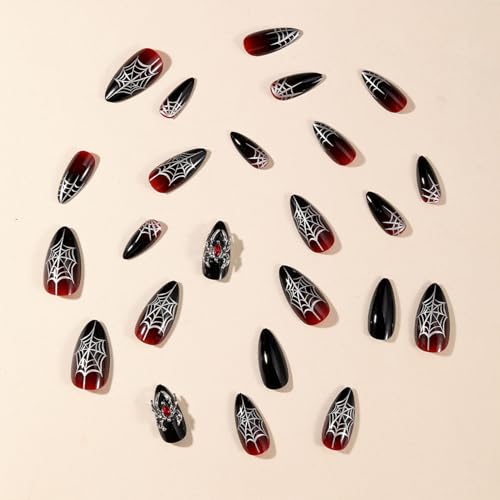 Halloween Press on Nails Medium Almond with 3D Spider Charms & Web Design - Variation of THIS listing