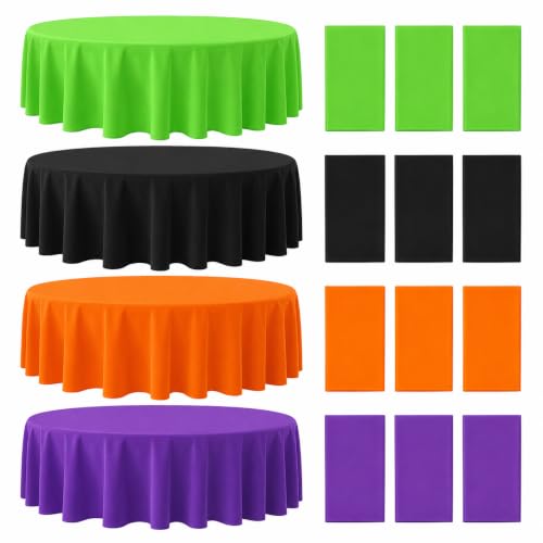 12 Pcs Halloween Plastic Round Tablecloths - Black, Purple, Orange & Green, 84 Inch Disposable Cover Set