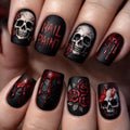 Halloween Press on Nails - Spooky Skull & Red Rose Short Square Fake Nails H19