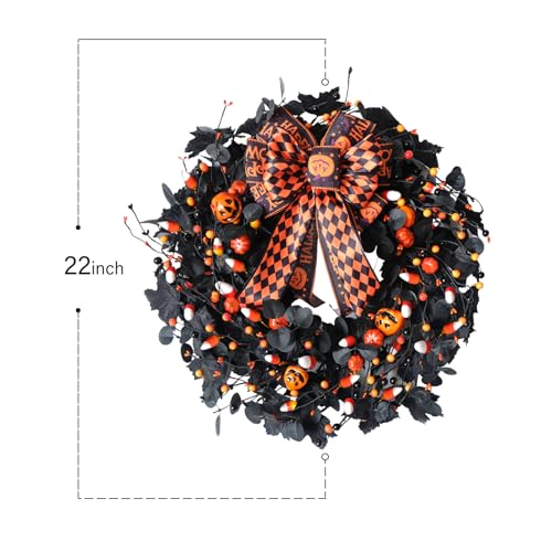 Halloween Wreath with Black Eucalyptus & Pumpkins - 22 Inch Decor with Bow - Indoor Outdoor Holiday Celebration - Variation of Halloween Wreath