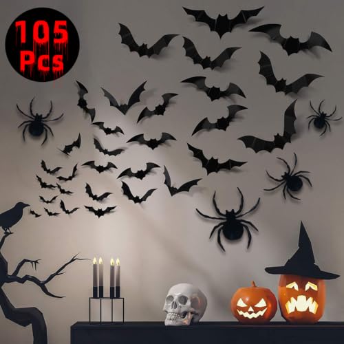 Halloween 3D Wall Stickers - Bats & Spiders Decor Set, Waterproof & Easy to Apply