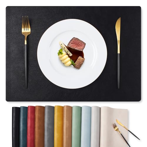 Black Faux Leather Placemats Set of 6 - Rectangular, Durable & Waterproof