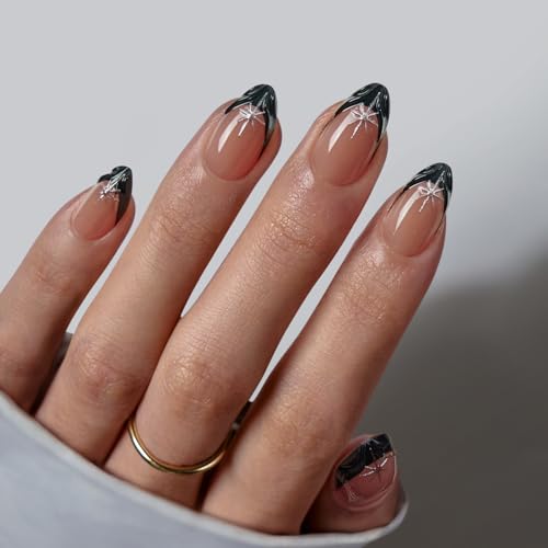 Press On Nails Kit - Black Almond French Tip, 32 Pcs with Gel Glue & Tools - Midnight Spark Variation