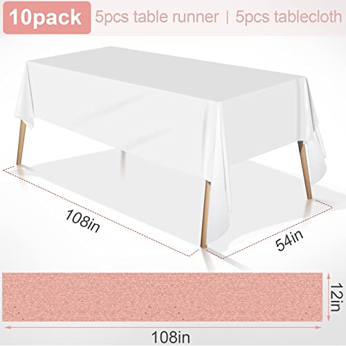 Disposable Tablecloth and Sequin Table Runner Set for Weddings & Parties - 8ft Rectangular, White & Rose Gold