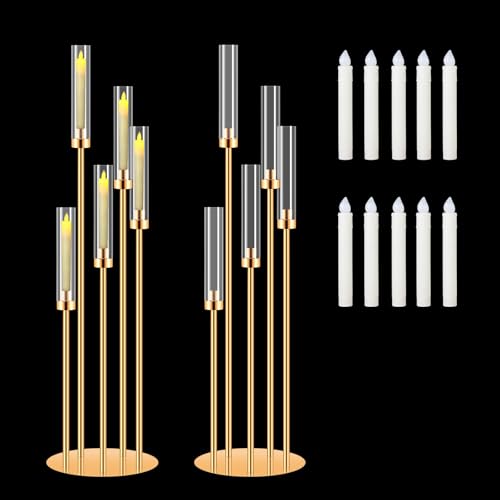 Gold Floor Candle Holders Set with 20 LED Candles, 2 Tall Candelabras for Wedding & Home Decor - With LED Candle / 2